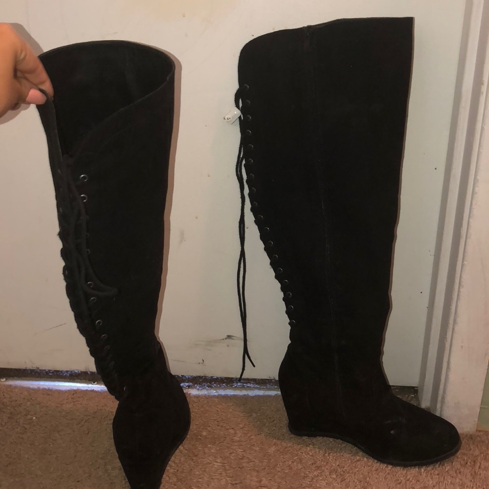 Thigh high, wide calf suede boots